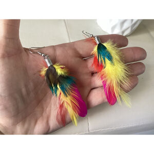 Feather Dangle Earrings Jewelry 3 1/4” Long Woman’s NEW Yellow Teal Pink Boho